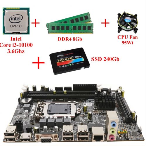 Комплект для сборки ПК Intel Core i3-10100 + Память 8Gb + SSD 240Gb + Материнская плата 1200 сокет + Кулер